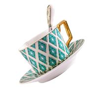 Warmhm 1juego Taza y Platillo de Cerámica Hueso Estilo Europeo con Diseño de Tartán Verde Set Delicado para Café y Té Vajilla para Hogar y Oficina