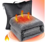 WARMITORY - Manta térmica para coche, almohada de viaje de cuero sintético de lujo, 12 V, 2 en 1, manta portátil para coche, compacta, plegable, calentamiento rápido en 3 minutos, regalo ideal para