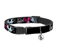 Warner Bros. Collar de gato de películas de terror, collar separable con campana, cadáver, novia Emily corazones y calavera, negro, blanco y rosa, 8.5 a 12 pulgadas, 0.5 pulgadas de ancho