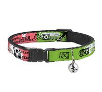 Warner Bros. - Collar de gato de películas de terror, collar separable con campana, cara de Beetlejuice y collage de citas, rosa, verde y negro, 8.5 a 12 pulgadas, 0.5 pulgadas de ancho