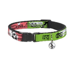 Warner Bros. - Collar de gato de películas de terror, collar separable con campana, cara de Beetlejuice y collage de citas, rosa, verde y negro, 8.5 a 12 pulgadas, 0.5 pulgadas de ancho