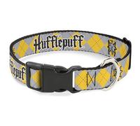 Warner Bros. Collar para mascotas, collar de perro, hebilla de plástico, Harry Potter Hufflepuff Stars Argyle Plaid Gray Gold Browns, 13 a 17 pulgadas, 1.5 pulgadas de ancho