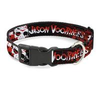Warner Bros. Collar para mascotas de películas de terror, collar de perro, hebilla de plástico, máscara de Jason Voorhies del viernes 13, texto negro, rojo y blanco, 16 a 23 pulgadas, 1.5 pulgadas de