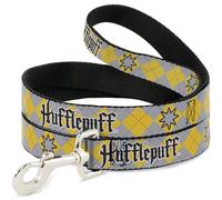 Warner Bros. Correa para mascotas, correa para perro, Harry Potter Hufflepuff Stars Argyle Plaid Gray Gold Browns, 4 pies de largo 1.5 pulgadas de ancho