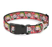 Warner Bros. Holiday Movies Collar para mascotas, collar para perro, hebilla de plástico, Elf Chibi Buddy y Jovie Pose Snowflakes Stripe Red White, 16 a 23 pulgadas 1.5 pulgadas de ancho