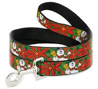 Warner Bros. Holiday Movies - Correa para mascotas, correa para perro, diseño de muñeco de nieve Frosty The Snowman Pose Poinsettia Collage Greens Reds, 6 pies de largo 1.5 pulgadas de ancho
