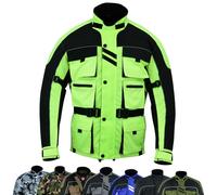 warrior gears Chaqueta de Moto para Hombre con 6 Bolsillos, Chaqueta de Moto de Carreras Textil, Chaquetas blindadas CE de Alta Visibilidad, Impermeable y Forro de Malla, Limón - 10XL