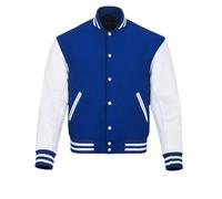 warrior gears Chaquetas universitarias para Hombre con Cuerpo de Lana y Mangas de Cuero, Chaqueta Bomber clásica Retro de Moto Letterman para Hombre, Azul Real y Blanco - L