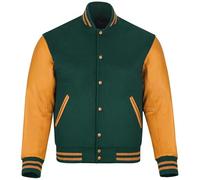 warrior gears Chaquetas universitarias para Hombre con Cuerpo de Lana y Mangas de Cuero, Chaqueta Bomber clásica Retro de Moto Letterman para Hombre, Verde y amarillo dorado - M