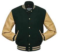 warrior gears Chaquetas universitarias para Hombre con Cuerpo de Lana y Mangas de Cuero, Chaqueta Bomber clásica Retro de Moto Letterman para Hombre, Verde bosque y tostado - XL