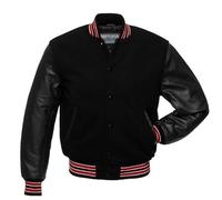 warrior gears Chaquetas universitarias para Hombre con Cuerpo de Lana y Mangas de Cuero, Chaqueta Bomber clásica Retro de Moto Letterman para Hombre, Todo negro con canalé de rayas rojas. - 6XL