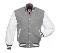 warrior gears Chaquetas universitarias para Hombre con Cuerpo de Lana y Mangas de Cuero, Chaqueta Bomber clásica Retro de Moto Letterman para Hombre, Gris claro y blanco - XL