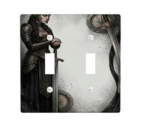 Warrior - Placa de cubierta de interruptor de doble luz, escudo de espada mística de fantasía, sin plástico, color negro, tamaño estándar, para decoración del hogar, sala de estar, recámara, baño