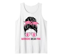 Warriors Wear Pink Messy Bun Mom Concientización sobre el cáncer de Mama Camiseta sin Mangas