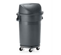 WAS Cubo de basura con tapa de empuje y ruedas, redondo, 120 litros, HDPP, gris, diámetro 63 cm, altura 102 cm