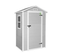 Wasabi - Caseta de Resina Jardín Aqua 1.4 - Ventana Luz Natural - Suelo Incluido - Paneles 12mm de Espesor - Gris Blanco - Cobertizo PVC Almacenaje Exterior - 1,37m2 Techo Dos Aguas
