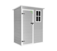 Wasabi - Caseta de Resina Jardín Unit 1.4 - Ventana Luz Natural - Suelo Incluido - Paneles 12mm de Espesor - Gris Blanco - Cobertizo PVC Almacenaje Exterior - 1,37m2 - Techo Plano
