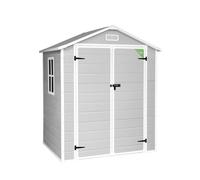Wasabi - Caseta Jardín Resina Aqua 2.6 - Ventana Luz Natural - Suelo Incluido - Paneles 12mm Espesor - Gris Blanco - Armario PVC Exterior - 2,39m2 - Techo Dos Aguas
