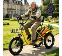 Wasd3Pods Triciclos Eléctricos para Adultos, Plegable 18" X3.0 Neumáticos Anchos E-Trike, con Faro LED Y Bocina, Cesta Grande, para Playa, Picnic, Guantes Amortiguadores Yellow