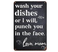 Wash Your Dishes Or I Will Punch You In Face Love Mom, Vintage Metal Sign "Mom's Funny Reminder Sign", Sarcastic Family Rule Wall Art for Kitchen Farm Bedrooms Bathroom Decor Poster