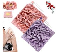 Washcloth Loofah Combo, 2-in-1 Bath Loofah Sponge with Drawstring Shower Washcloth, Exfoliation Mesh Shower Puff Ball for Body Wash Cleansing and Smooth Skin (Pink Purple)