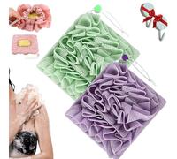 Washcloth Loofah Combo, 2-in-1 Bath Loofah Sponge with Drawstring Shower Washcloth, Exfoliation Mesh Shower Puff Ball for Body Wash Cleansing and Smooth Skin (Green Purple)