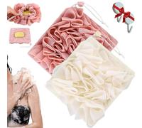Washcloth Loofah Combo, 2-in-1 Bath Loofah Sponge with Drawstring Shower Washcloth, Exfoliation Mesh Shower Puff Ball for Body Wash Cleansing and Smooth Skin (Pink White)