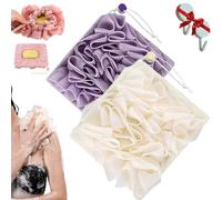 Washcloth Loofah Combo, 2-in-1 Bath Loofah Sponge with Drawstring Shower Washcloth, Exfoliation Mesh Shower Puff Ball for Body Wash Cleansing and Smooth Skin (Purple White)