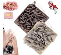 Washcloth Loofah Combo, 2-in-1 Bath Loofah Sponge with Drawstring Shower Washcloth, Exfoliation Mesh Shower Puff Ball for Body Wash Cleansing and Smooth Skin (Coffee Khaki)