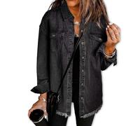 Washed Denim Shirt Jacket For Women, Women'S Casual Denim Button Down Distressed Jacket, for Everyday Versatile (Black,XL)