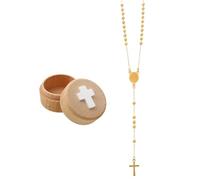 Wasise Regalos de confirmación para niñas, 2 cuentas de rosario de aleación dorada con caja de madera, rosario católico, regalos de primera comunión para niñas, collar con colgante de cruz, regalo de