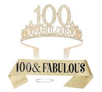 Wasise Regalos de cumpleaños número 100 para mujer, banda y tiara de cumpleaños, corona dorada de diamante, banda personalizada, 100 y fabulosas decoraciones de celebraciones, juego de correa para el