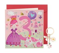 Wasise Tarjeta de 3er cumpleaños para niña, tarjeta de cumpleaños de 3 años con llavero, encantadoras tarjetas de tercer cumpleaños para niñas, tarjetas de princesa, bonito juego de regalo de