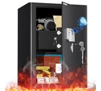 WASJOYE 57L Caja Fuerte Ignífuga para Huellas Dactilares, Caja Fuerte con Cajón Resistente al Fuego y Llave, Biométrico Caja de Seguridad Convencionale para el Hogar, Hotel, Dinero, Joyería, Pistola