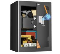 WASJOYE Caja Fuerte Ignífuga para Huellas Dactilares, Caja Fuerte con Cajón Resistente al Fuego y Llave, Biométrico Caja de Seguridad Convencionale para el Hogar, Hotel, Dinero, Joyería, Pistola, 50L