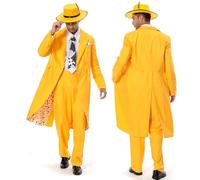 Waslary Jim Carrey Disfraz de película Disfraces Hombre Amarillo Traje Chaqueta Camisa Pantalones Corbata Sombrero y Pañuelo Halloween Conjuntos de Disfraz