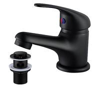 WasserRhythm Grifo mezclador de lavabo negro con desagüe emergente, monobloc, grifo monomando para lavabo con mangueras universales