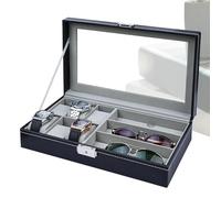 Watch Display Case PU Leather Watches And Sunglasses Organizer, Clear Top Storage Box For 6 3 Eyeglasses, Protective With Compartments | Stylish Collection Presentation Solution Home Office Wardrobe