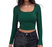 Watchatest Neck Built-in Bra, 2025 New Long Sleeve Ribbed Top Shirts, Elegant Skinny Fit Fabric for Women (Dark Green,XL)
