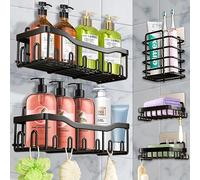 WATEFOER Estante de ducha sin taladro 5 piezas, organizador de baño de acero inoxidable negro estante de baño cesta de ducha y estante de almacenamiento para esquina de cocina