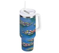 Water Lilies - Vaso azul de 1,2 l con asa y popote, vasos de acero inoxidable con tapa, vaso de café para mujer