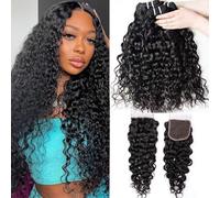 Water Wave 3 Bundles with Closure 100% Unprocessed Brazilian Water Curly Human Hair Weave with 4x4 Free Part Lace Closure Natural Color (16 18 20+14,Bundles with Closure)