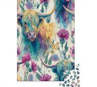 Watercolor Highland Gatotle and Flores 1000 Piezas Rompecabezas para Adultos para Amantes O Amigos Imposable 70x50cm/1000pcs