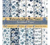 Watercolor Indigo Blue Flowers Scrapbook Paper: Single-sided Colorful Paper, Album, Invitation and DIY Project Decorative Background Pattern: Premium Color Interior, 6 x 6 Inch, 12 Designs, 24 Sheets