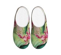 Watercolor Lotus - Pantuflas de franela para hombre, diseño de hojas verdes, antideslizantes, cálidas, para interiores y exteriores, multicolor, X-Large