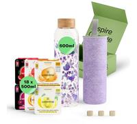 waterdrop® Starter Set, Botella de Vidrio 600 ml + 18 Cubos Microdrinks, Saborizantes para agua, Pastillas en 6 Sabores Aromatizados, 0 Azúcar, Botella para Agua
