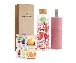waterdrop® Starter Set, Botella de Vidrio 600ml + 18 Cubos Microdrinks, Saborizantes para agua, Pastillas en 6 Sabores Aromatizados, 0 Azúcar, Botella para Agua