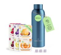 waterdrop® Starter Set Steel, Botella de Acero Termo 600ml + 18 Cubos Microdrinks, Saborizantes para agua, Pastillas en 6 Sabores Aromatizados, 0 Azúcar, paquete degustación acero inoxidable