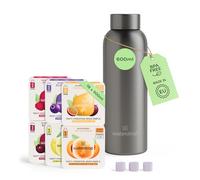 waterdrop® Starter Set Steel, Botella de Acero Termo 600ml + 18 Cubos Microdrinks, Saborizantes para agua, Pastillas en 6 Sabores Aromatizados, 0 Azúcar, paquete degustación acero inoxidable