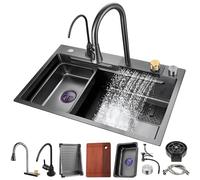 Waterfall Bar Sink with Cup Washer - Handmade Kitchen Workstation Sink 80x45x22cm Household Dishwashing Sink with Multiple Accessories Modern Design for Home Use